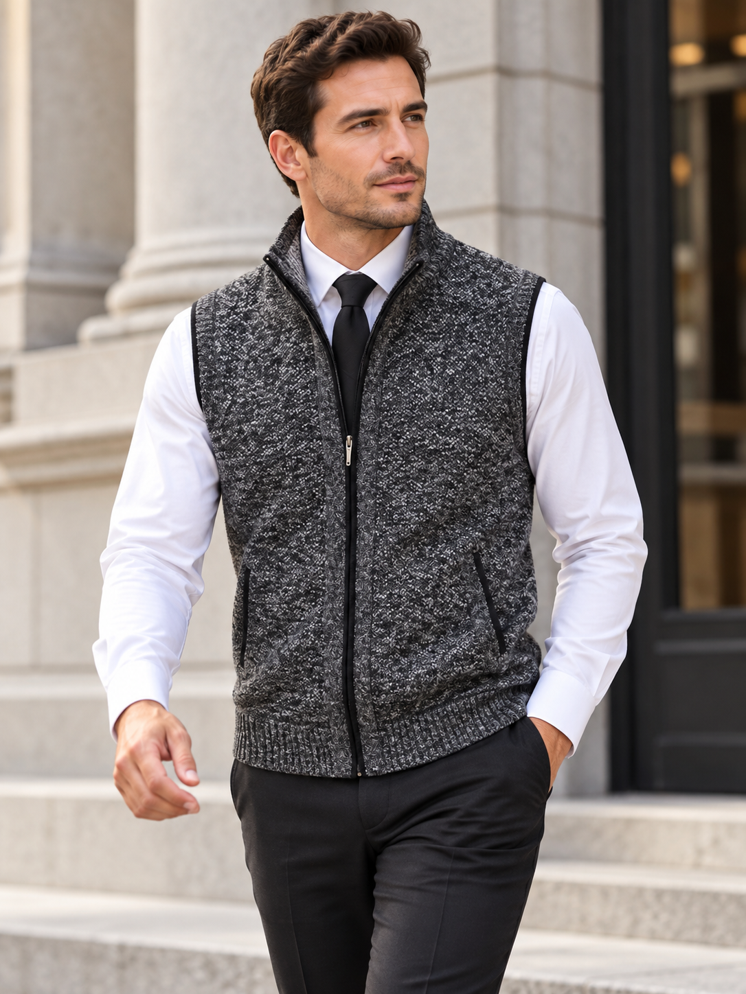 Men's Stand Collar Zip-Up Sleeveless Knit Cardigan Vest