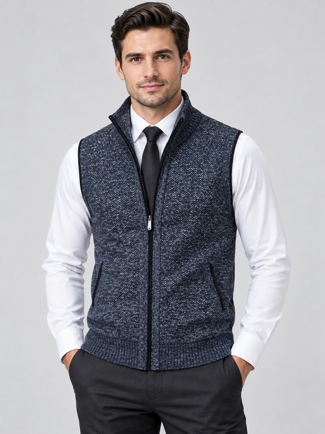 Men's Stand Collar Zip-Up Sleeveless Knit Cardigan Vest
