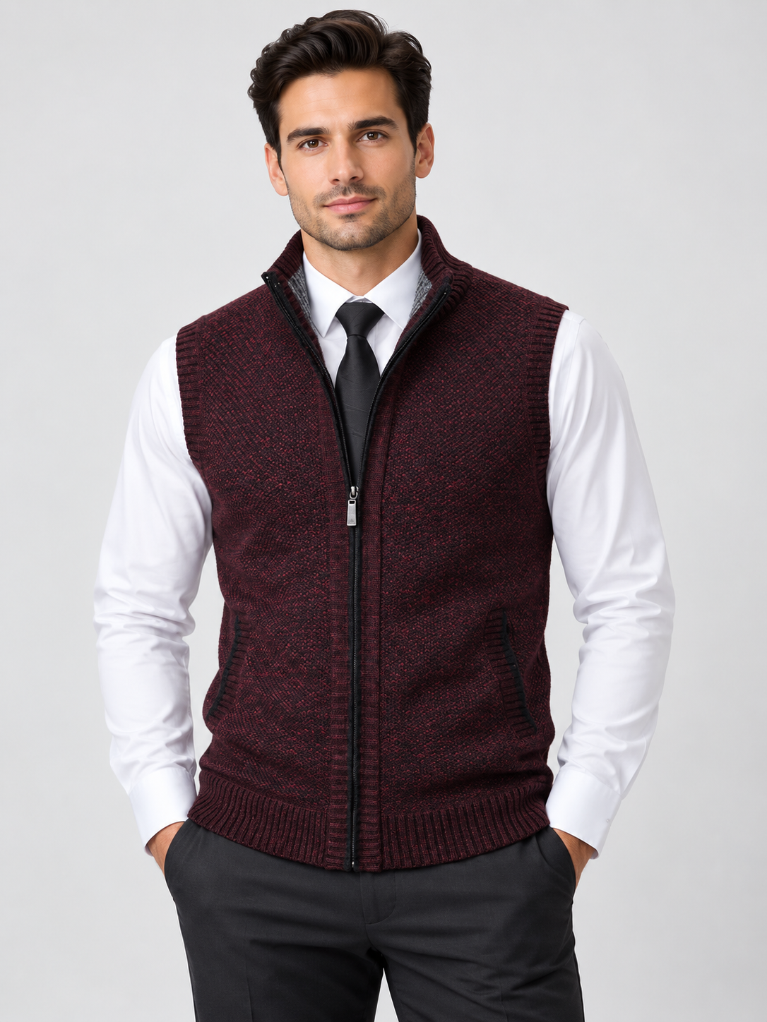 Men's Stand Collar Zip-Up Sleeveless Knit Cardigan Vest