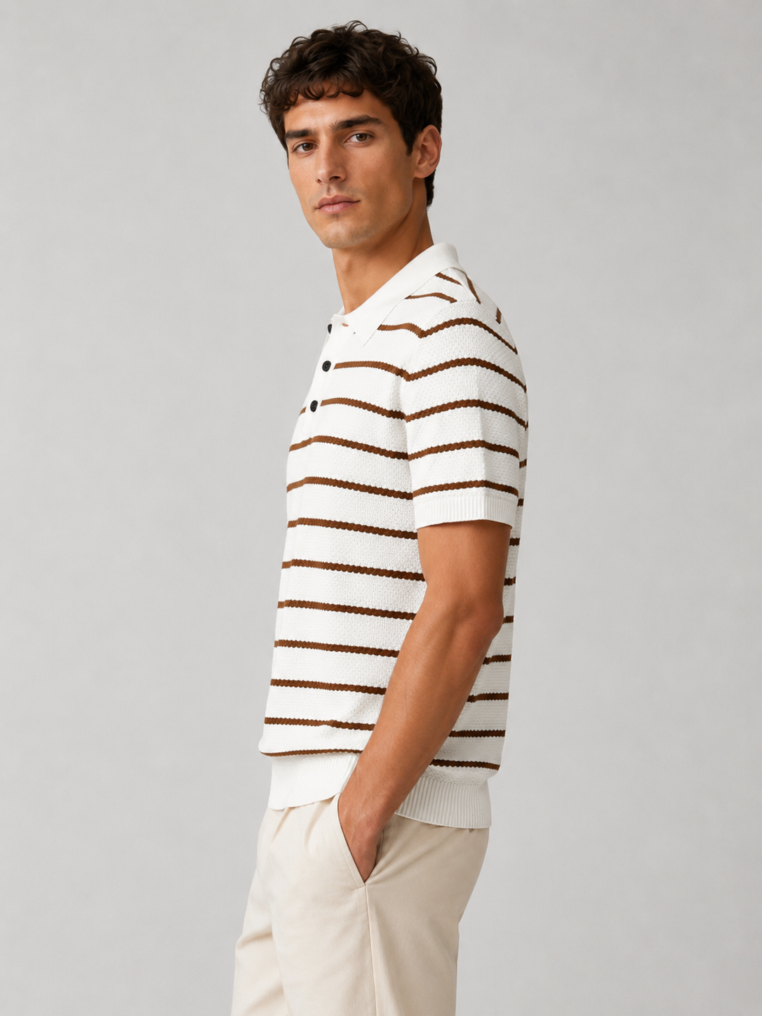Men’s Striped Knit Polo Shirt with Short Sleeves