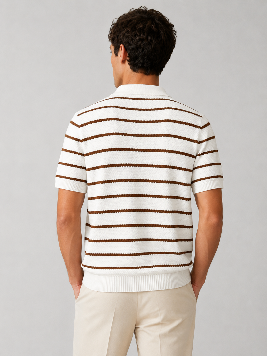 Men’s Striped Knit Polo Shirt with Short Sleeves
