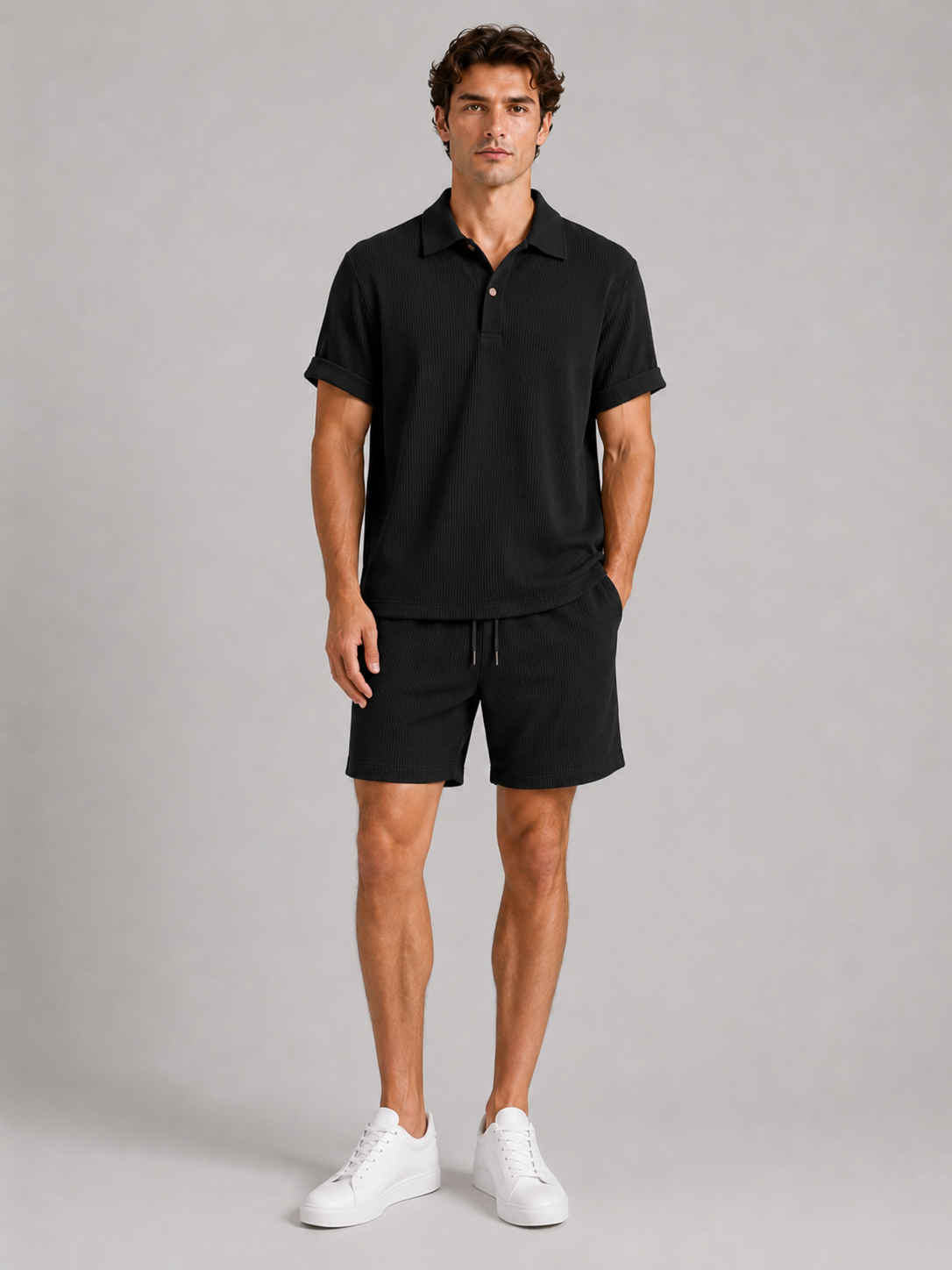 Men’s Textured Polo and Shorts Two-Piece Set