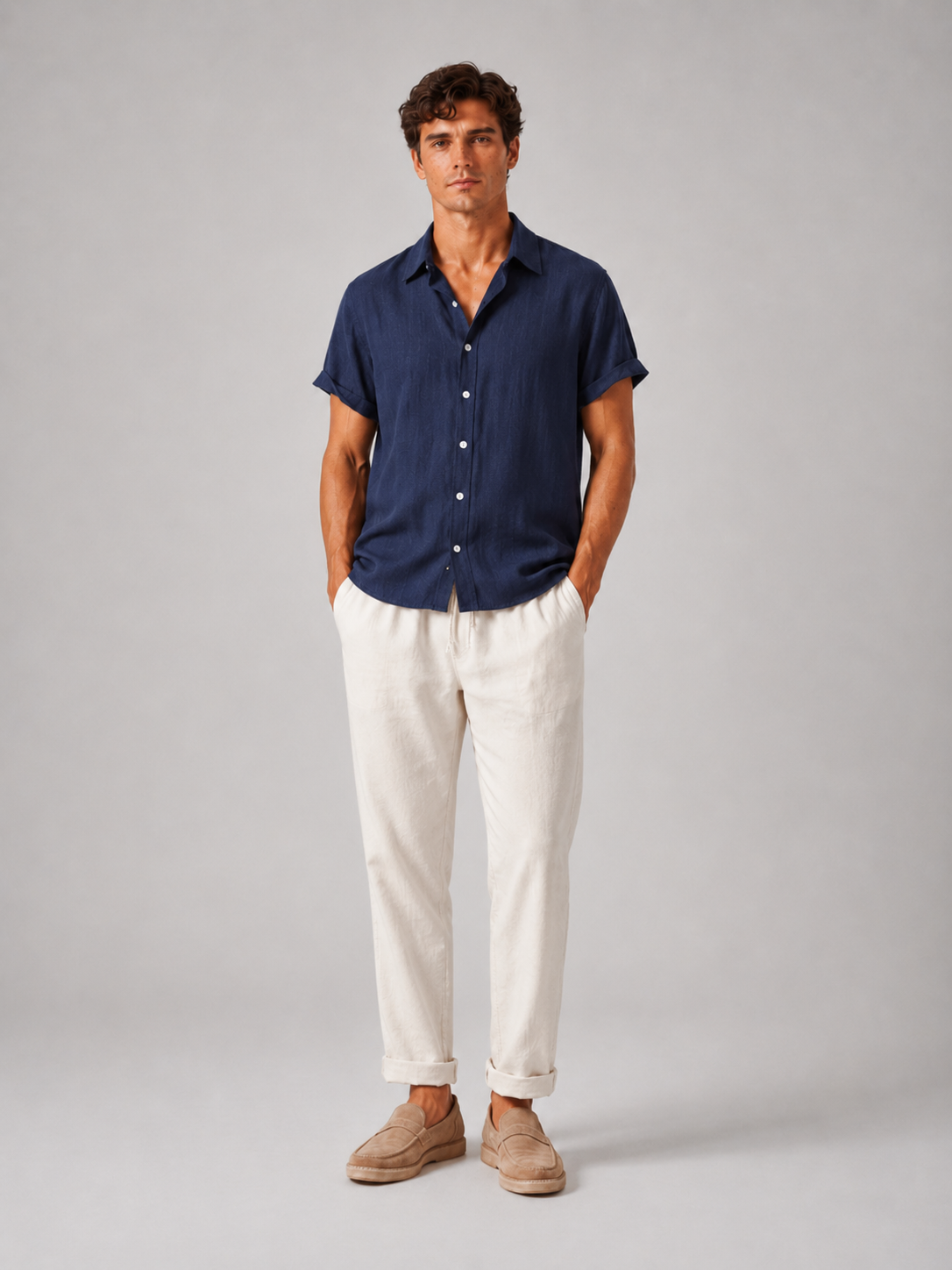 Men’s Two Piece Set with Short Sleeve Shirt and Trousers