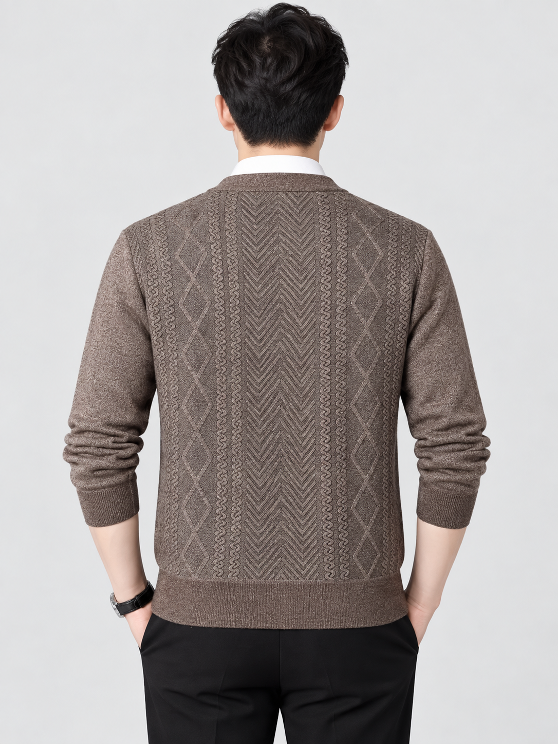 Men's V-Neck Button-Front Knit Cardigan with Long Sleeves