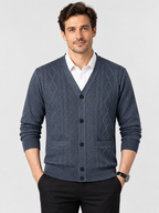 Men's V-Neck Button-Front Knit Cardigan with Long Sleeves