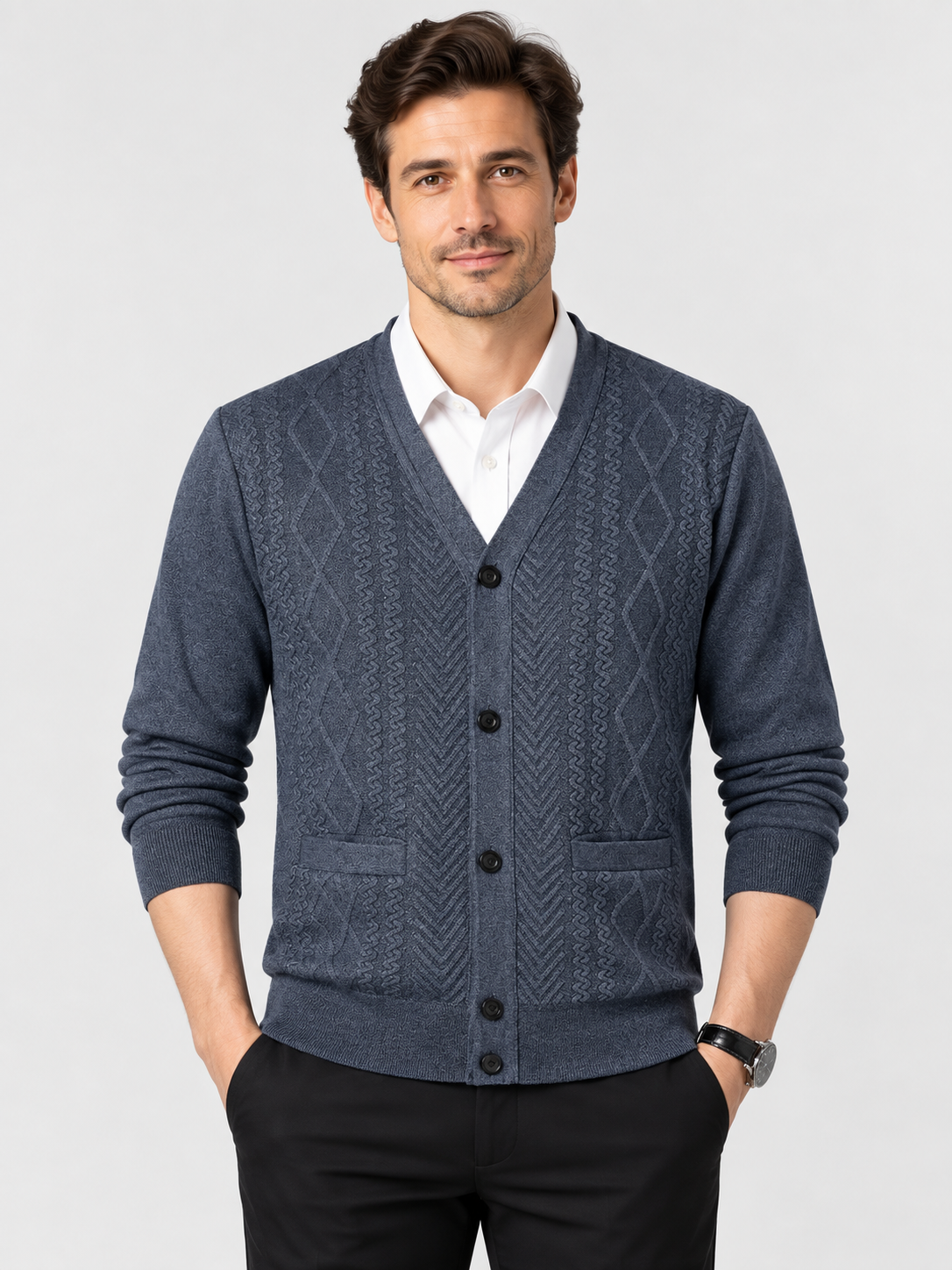Men's V-Neck Button-Front Knit Cardigan with Long Sleeves