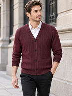 Men's V-Neck Button-Front Knit Cardigan with Long Sleeves