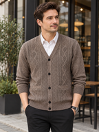 Men's V-Neck Button-Front Knit Cardigan with Long Sleeves