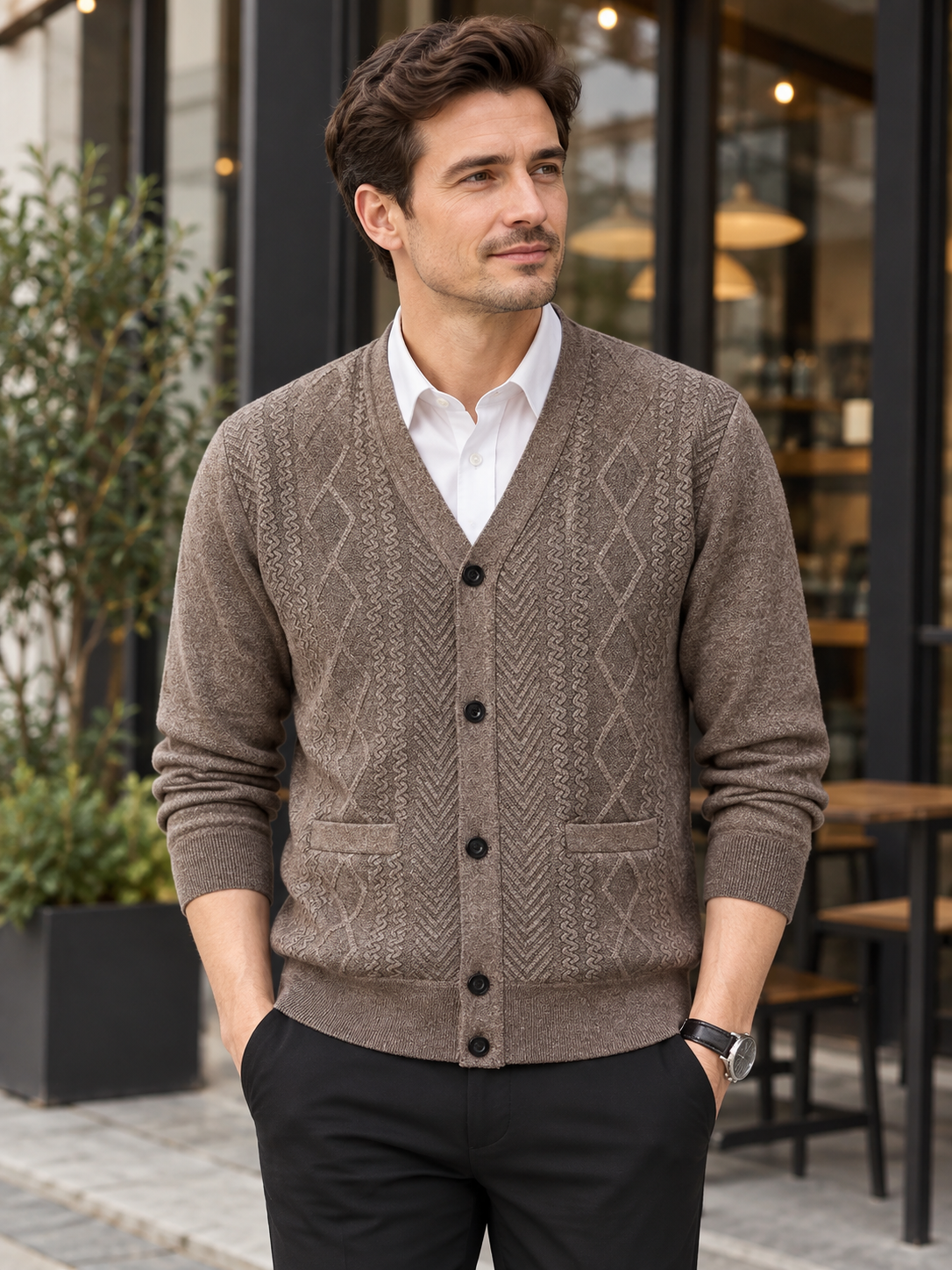 Men's V-Neck Button-Front Knit Cardigan with Long Sleeves