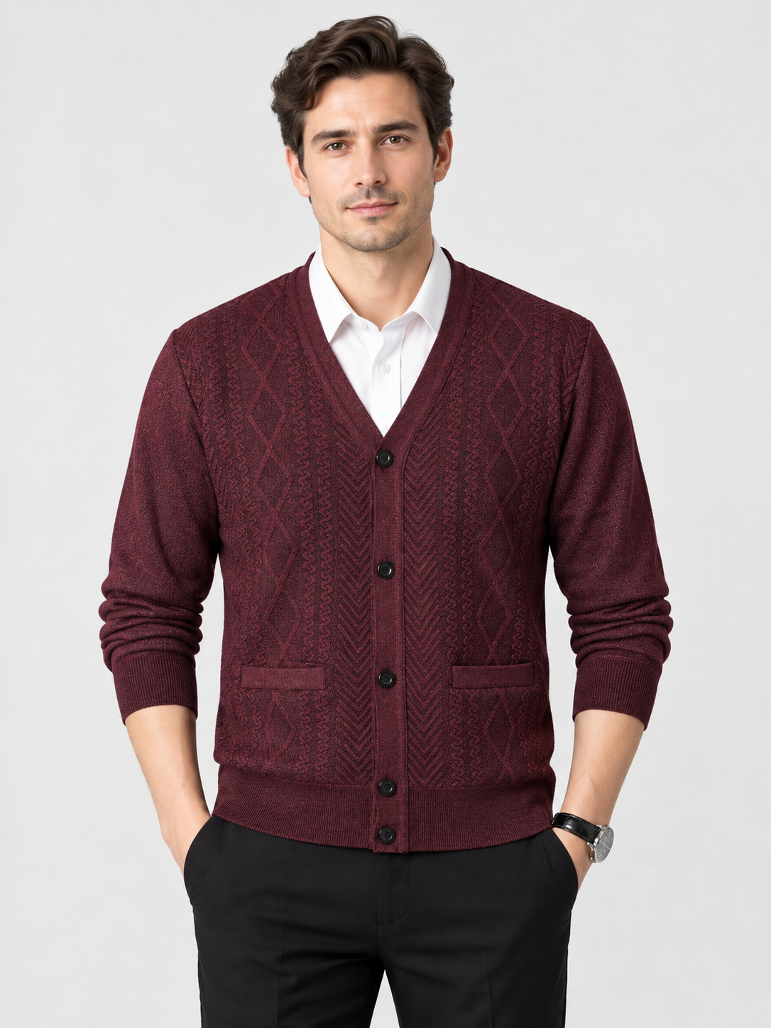 Men's V-Neck Button-Front Knit Cardigan with Long Sleeves
