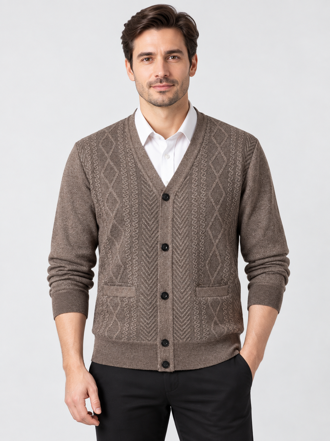 Men's V-Neck Button-Front Knit Cardigan with Long Sleeves