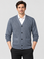 Men's V-Neck Button-Front Knit Cardigan with Long Sleeves