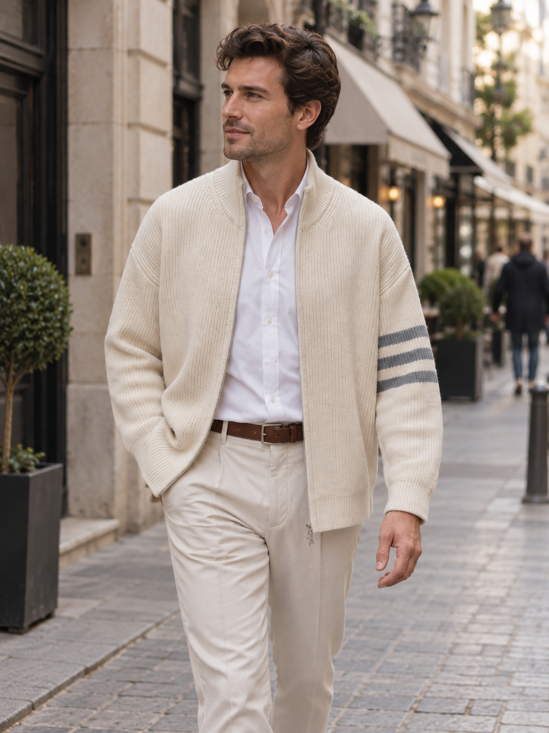 Men's Zip-Front Knit Striped Cardigan Coat