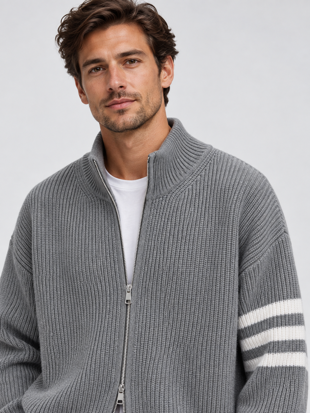 Men's Zip-Front Knit Striped Cardigan Coat