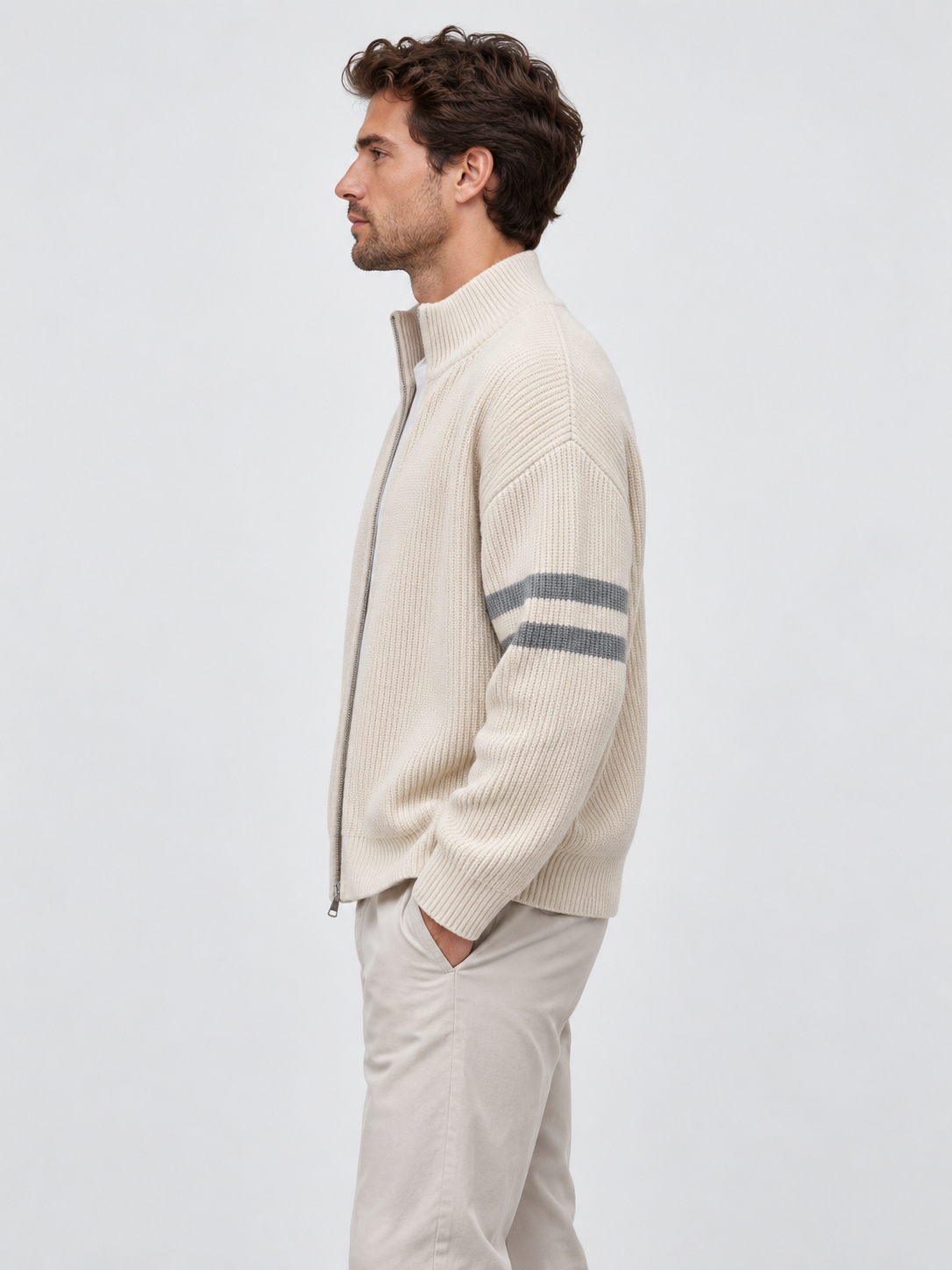 Men's Zip-Front Knit Striped Cardigan Coat