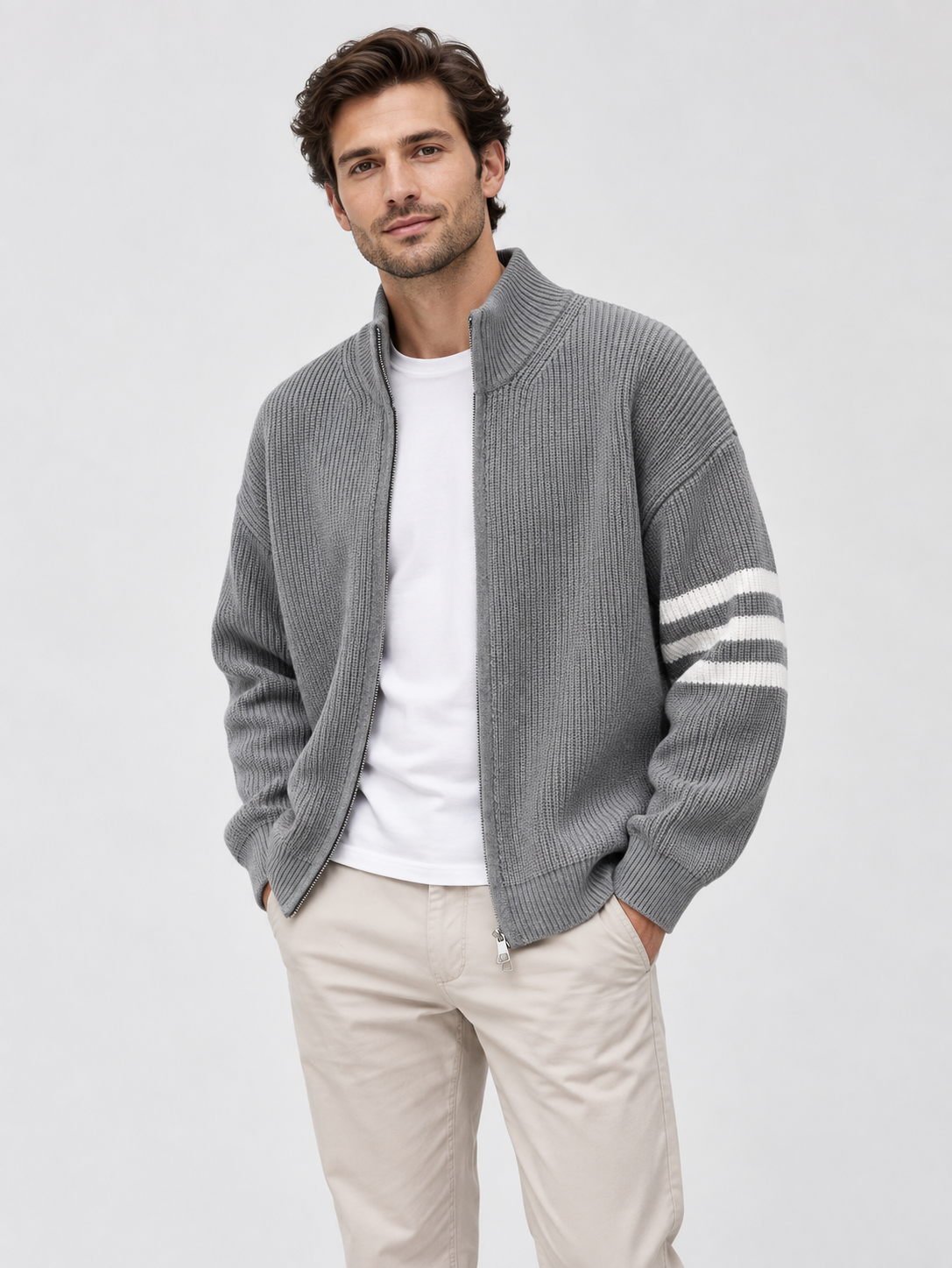 Men's Zip-Front Knit Striped Cardigan Coat