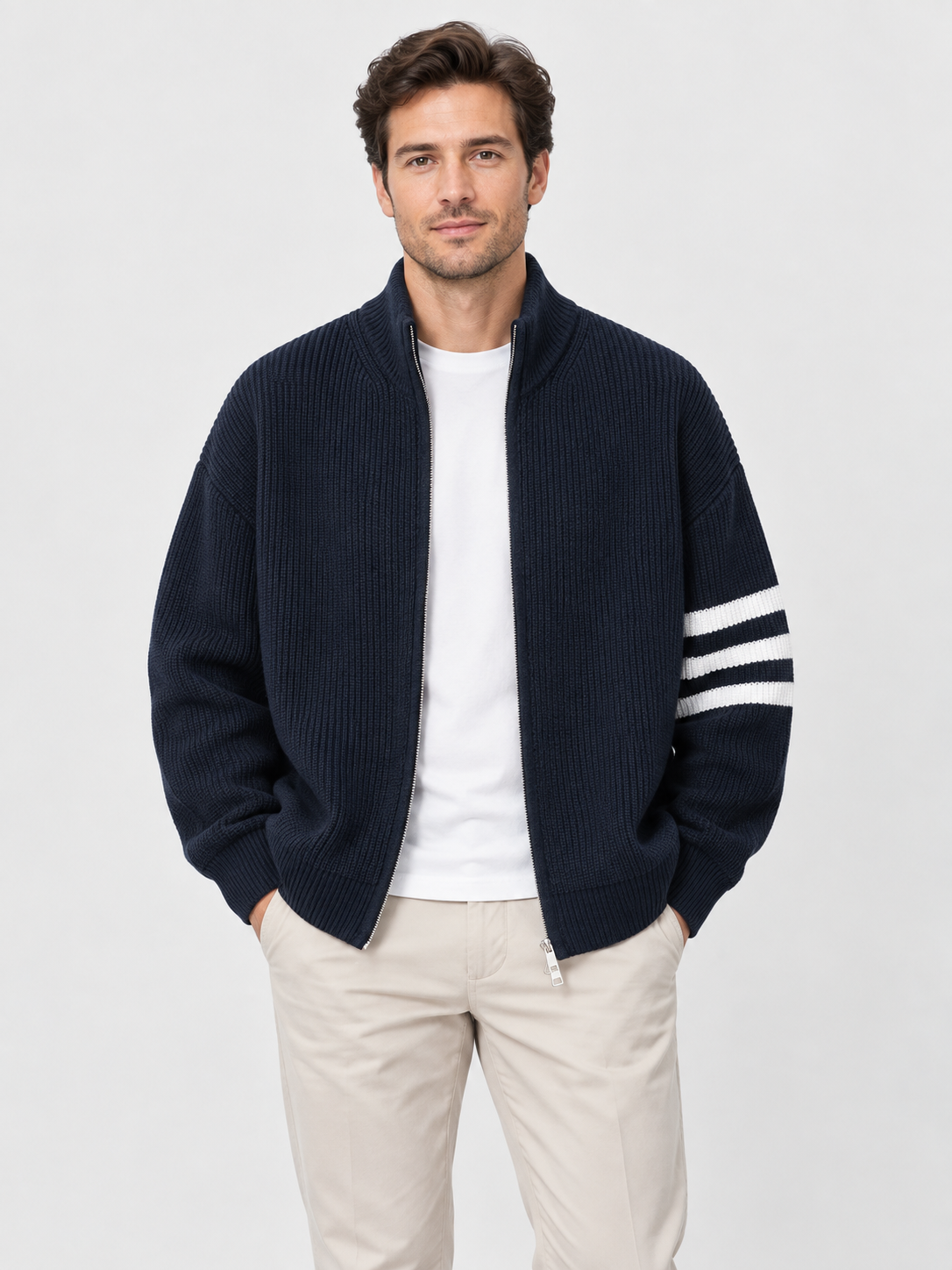 Men's Zip-Front Knit Striped Cardigan Coat