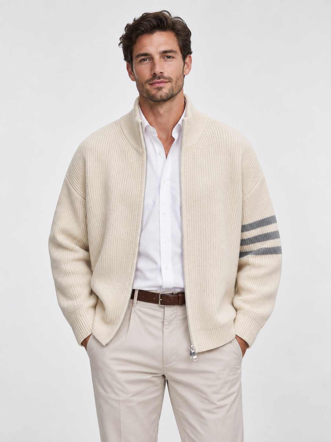 Men's Zip-Front Knit Striped Cardigan Coat