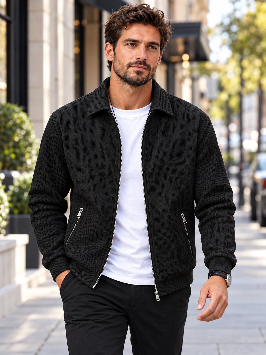 Men's Zip-Up Long-Sleeve Casual Jacket with Side Pockets
