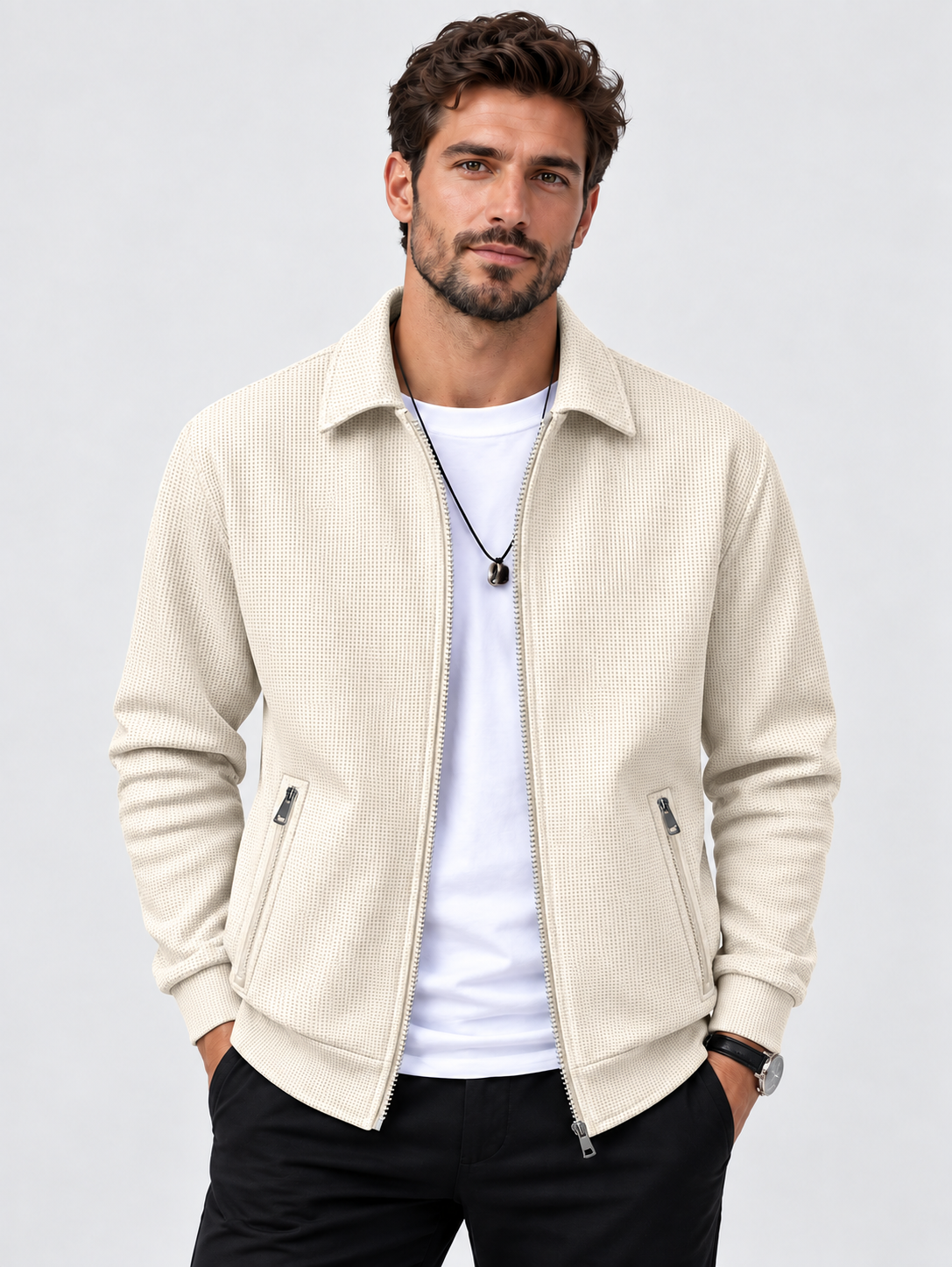 Men's Zip-Up Long-Sleeve Casual Jacket with Side Pockets
