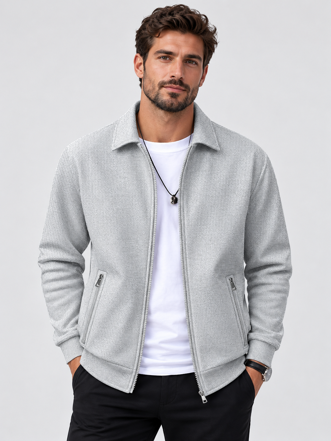 Men's Zip-Up Long-Sleeve Casual Jacket with Side Pockets
