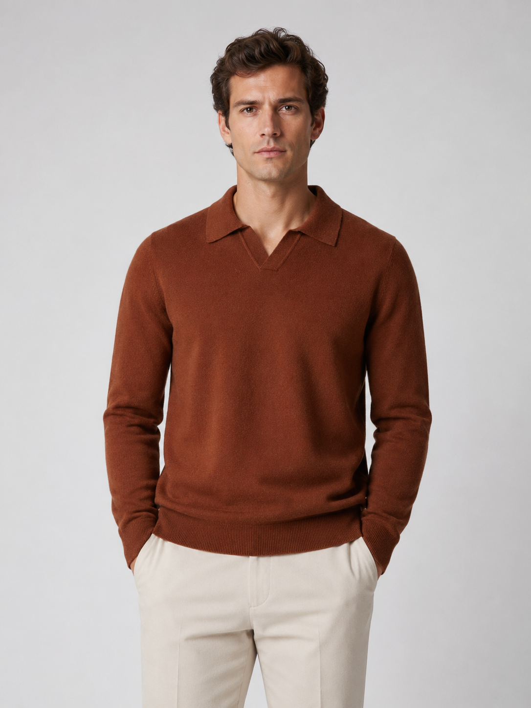 Men’s Buttonless Polo Collar Knit Jumper with Long Sleeves