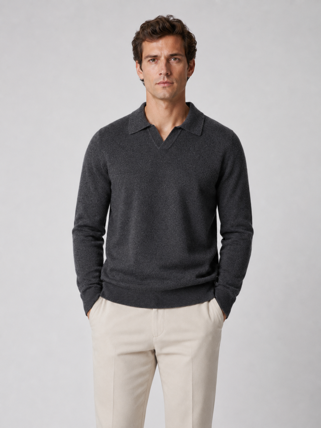 Men’s Buttonless Polo Collar Knit Jumper with Long Sleeves