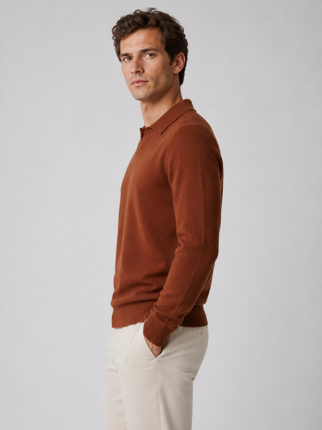 Men’s Buttonless Polo Collar Knit Jumper with Long Sleeves