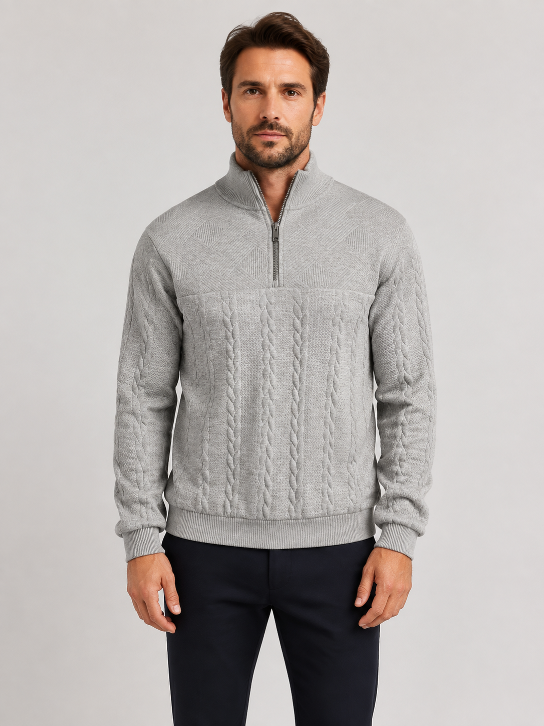 Men’s Cable-Knit Jumper with Quarter-Zip Collar