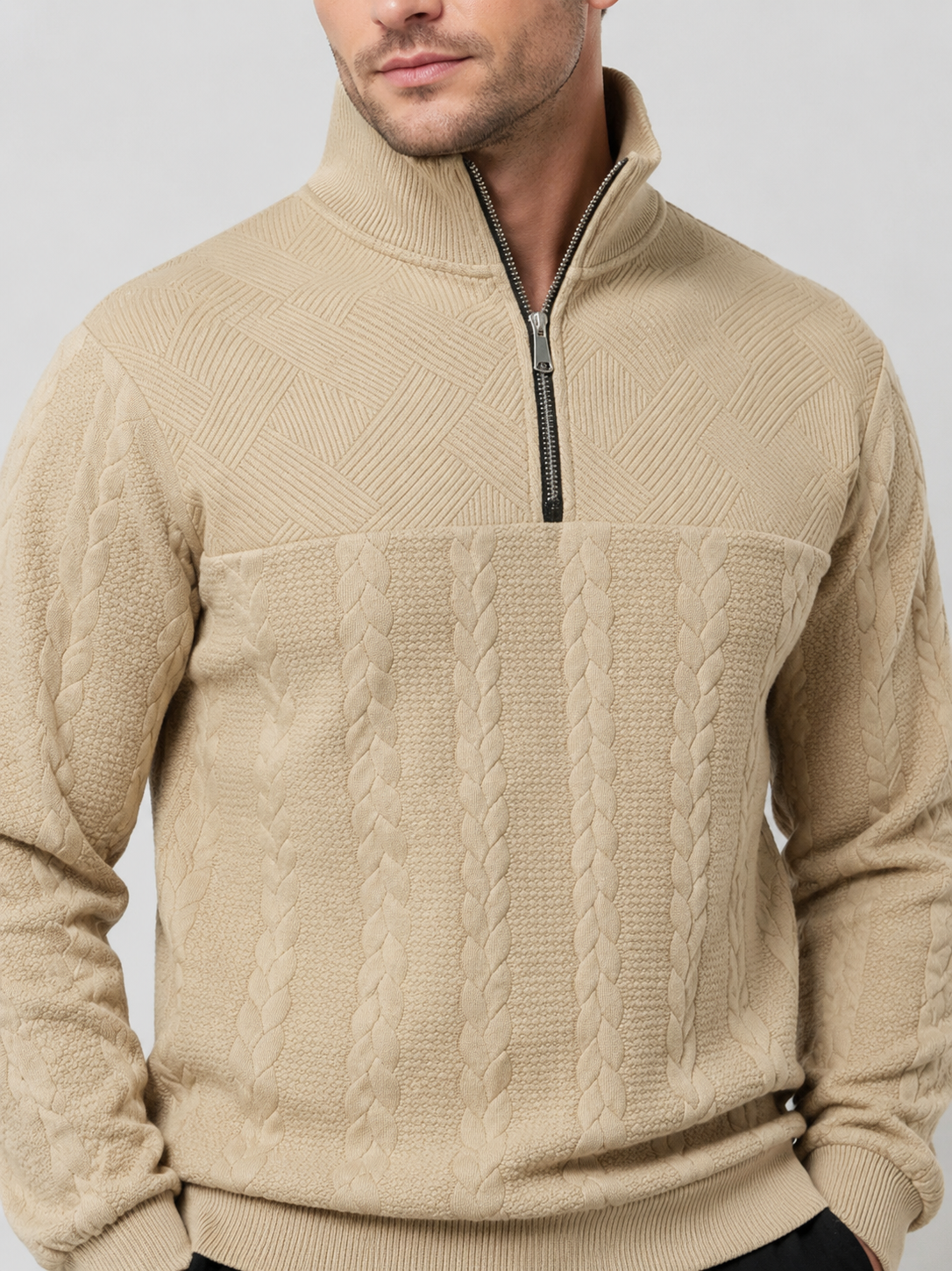 Men’s Cable-Knit Jumper with Quarter-Zip Collar