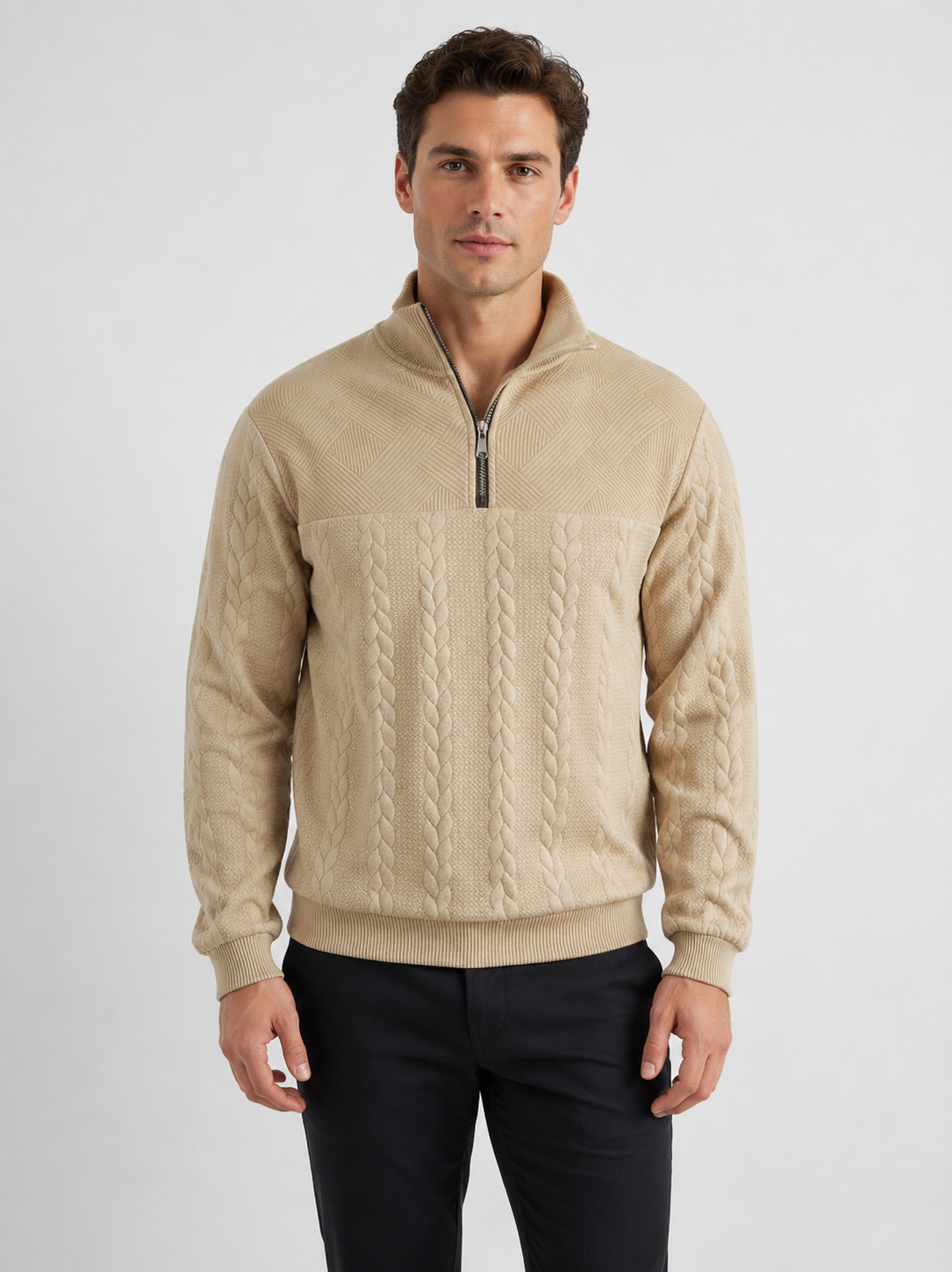 Men’s Cable-Knit Jumper with Quarter-Zip Collar