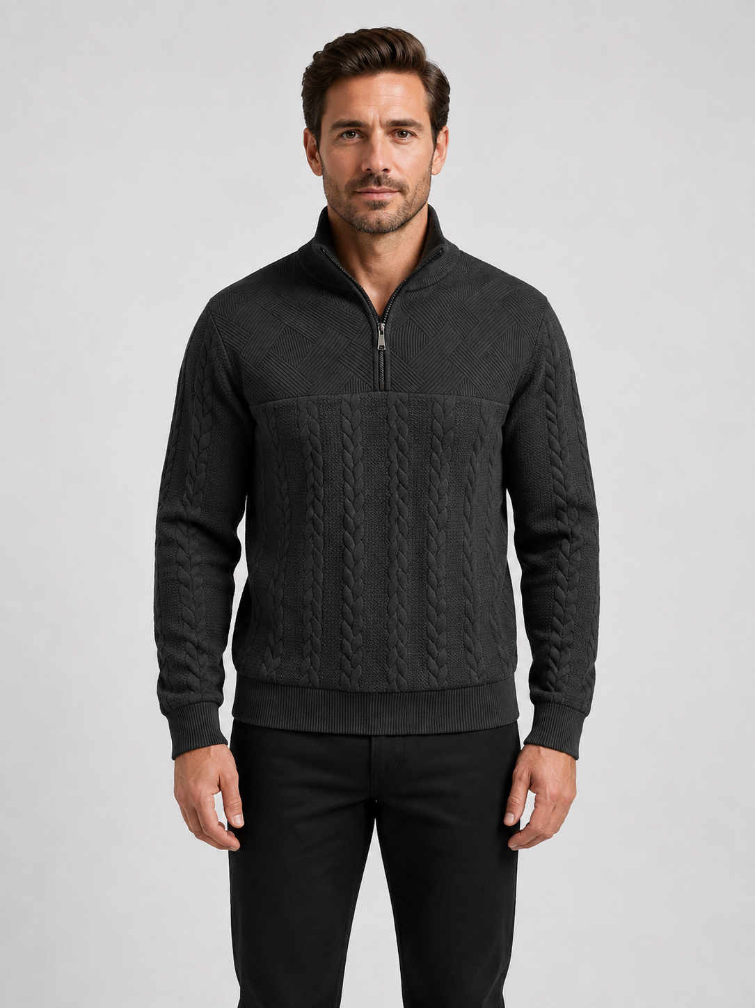 Men’s Cable-Knit Jumper with Quarter-Zip Collar
