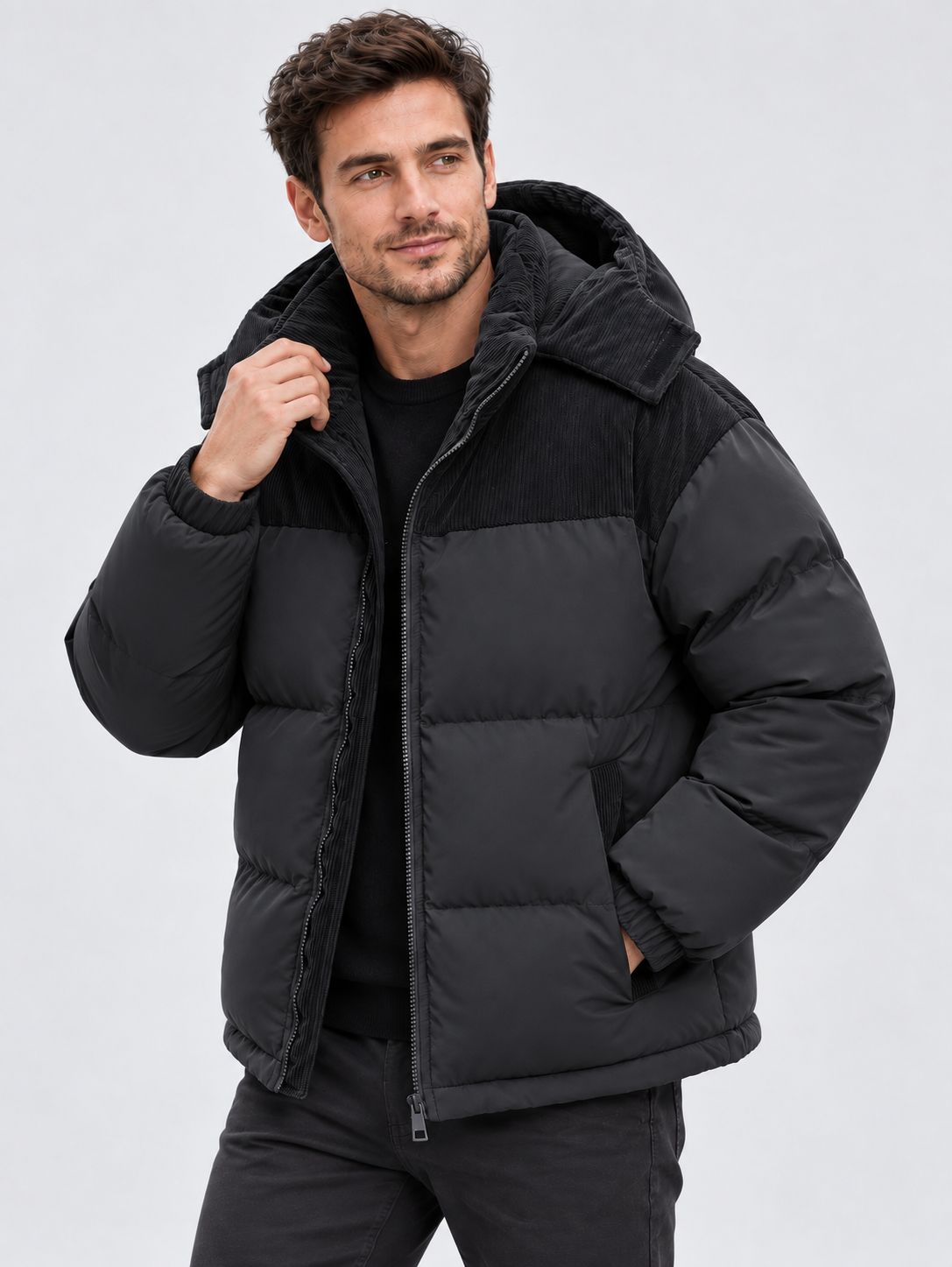 Men's Hooded Full-Zip Jacket with Lined Interior and Side Pockets