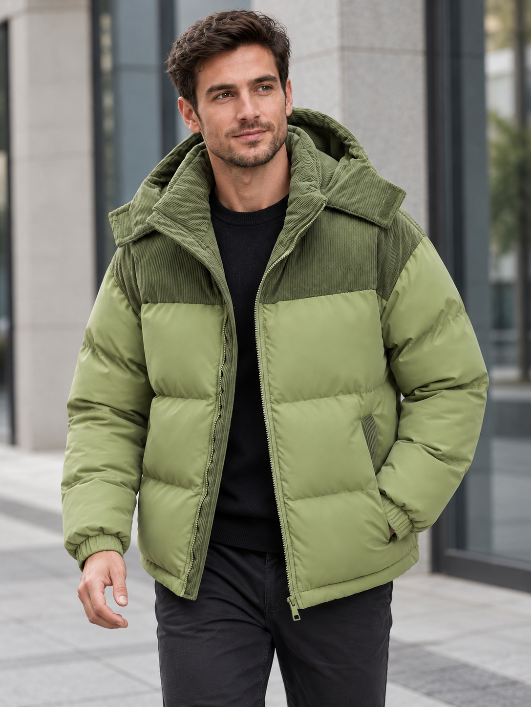 Men's Hooded Full-Zip Jacket with Lined Interior and Side Pockets