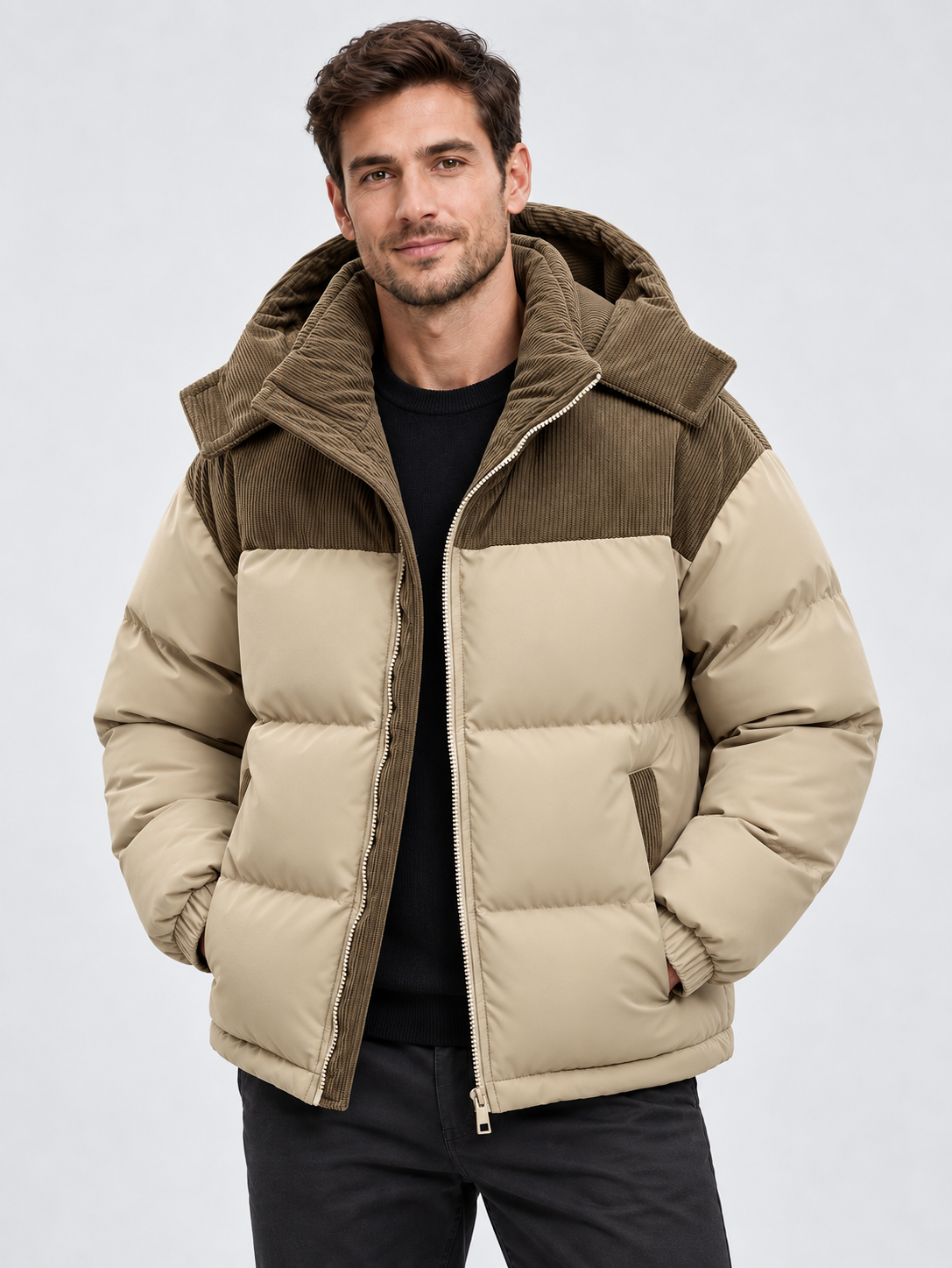 Men's Hooded Full-Zip Jacket with Lined Interior and Side Pockets