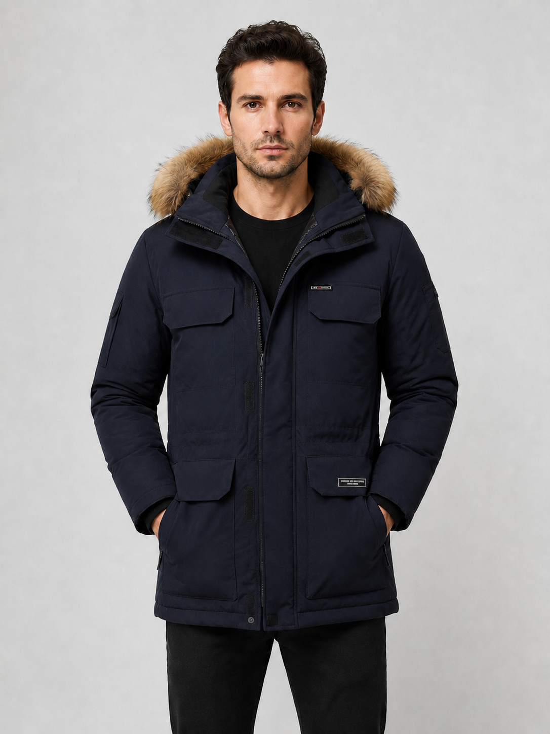 Men’s Hooded Parka Jacket with Multiple Pockets