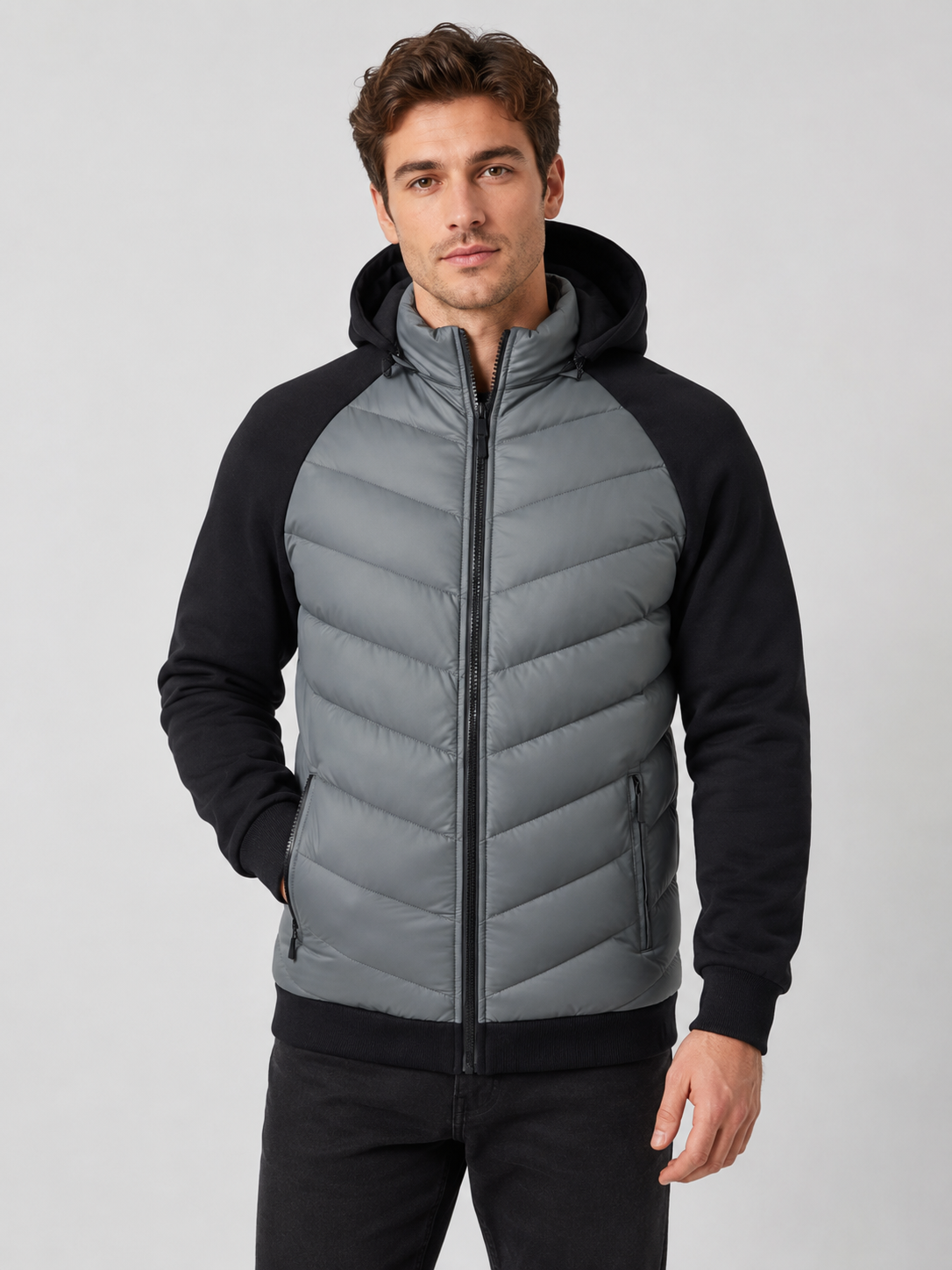 Men’s Hooded Puffer Jacket with Quilted Front Panel