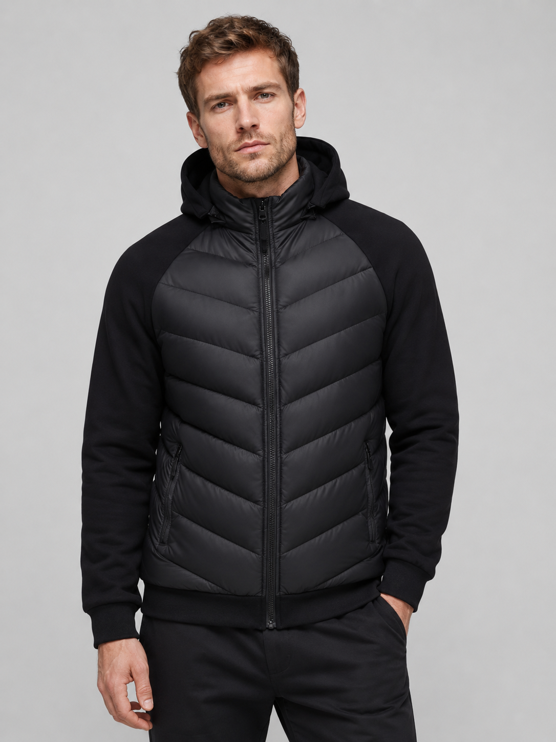 Men’s Hooded Puffer Jacket with Quilted Front Panel