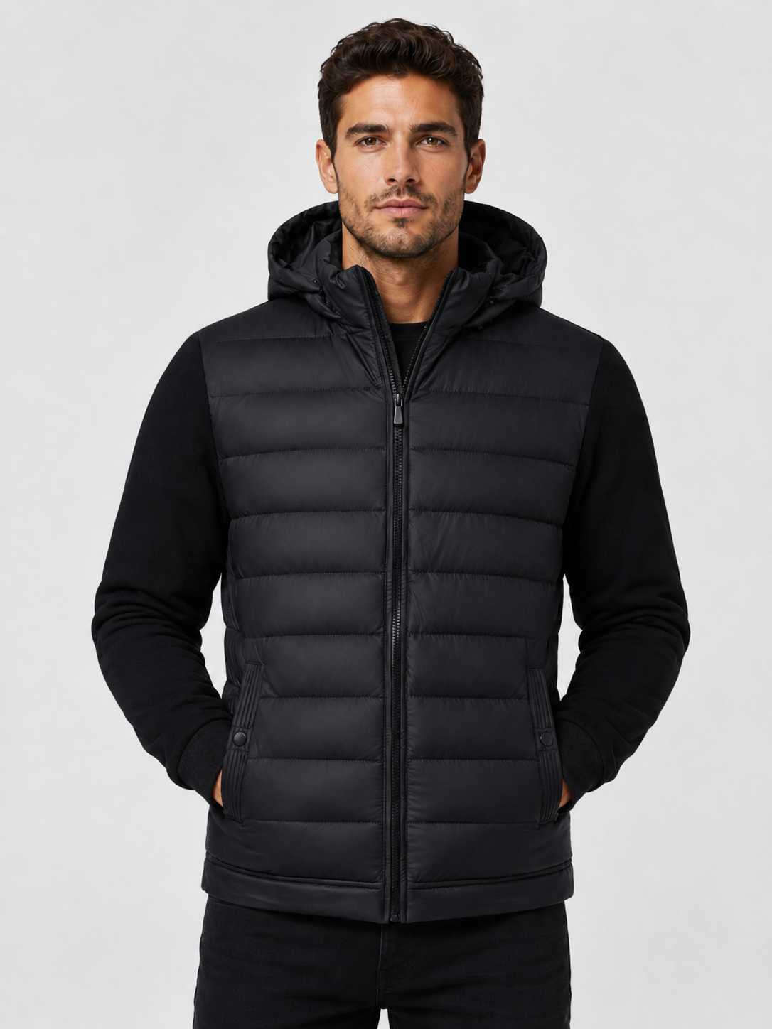Men’s Hybrid Puffer Jacket with Hood and Full Zip