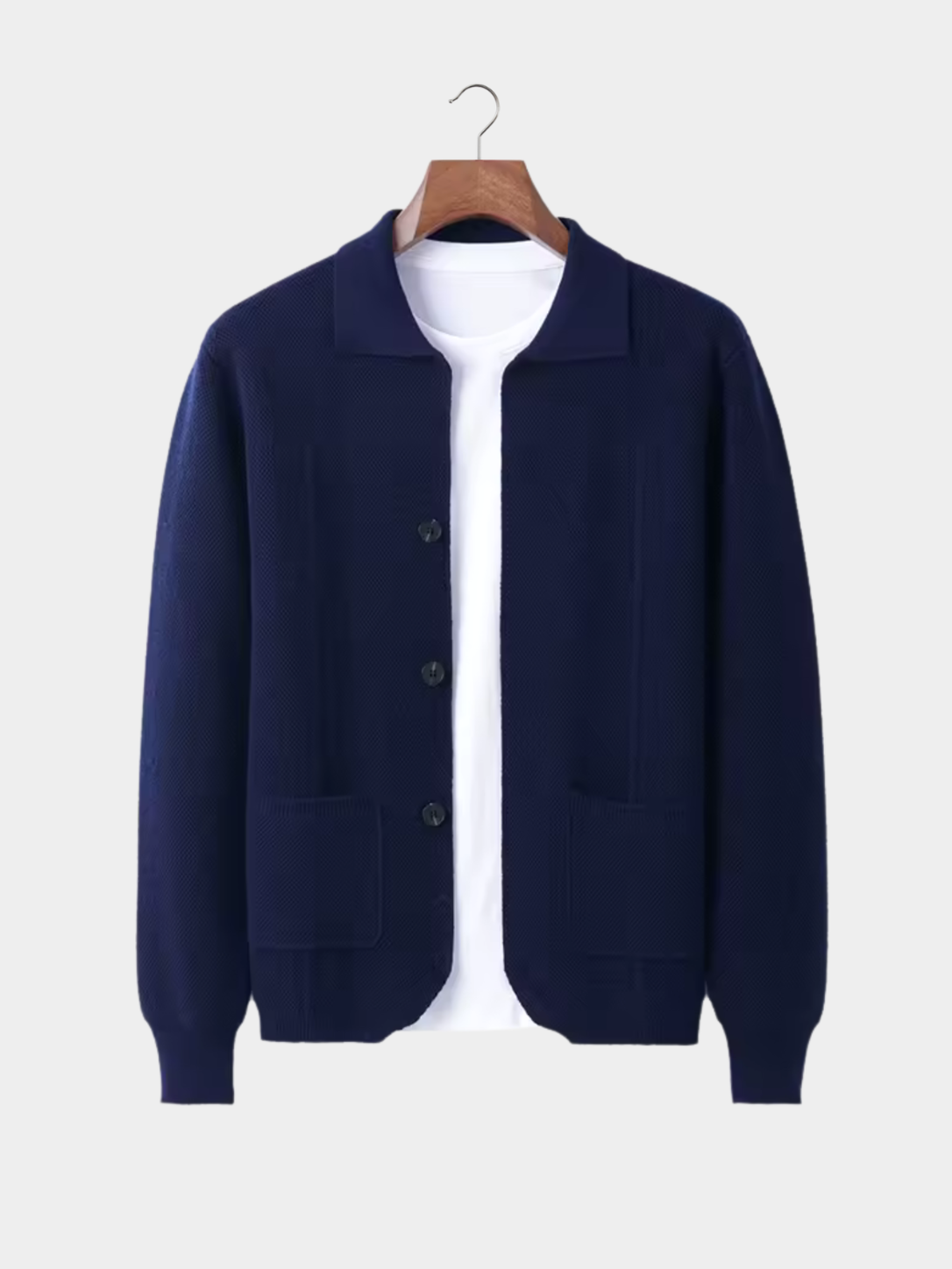 Men’s Knit Button Cardigan with Collar and Patch Pockets
