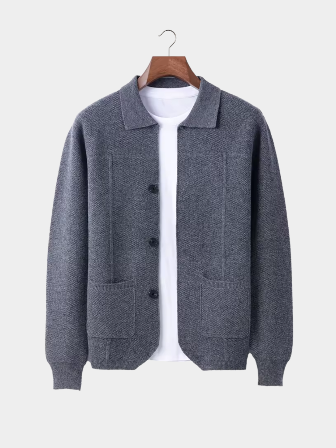 Men’s Knit Button Cardigan with Collar and Patch Pockets