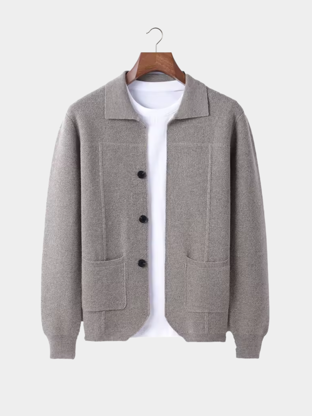 Men’s Knit Button Cardigan with Collar and Patch Pockets