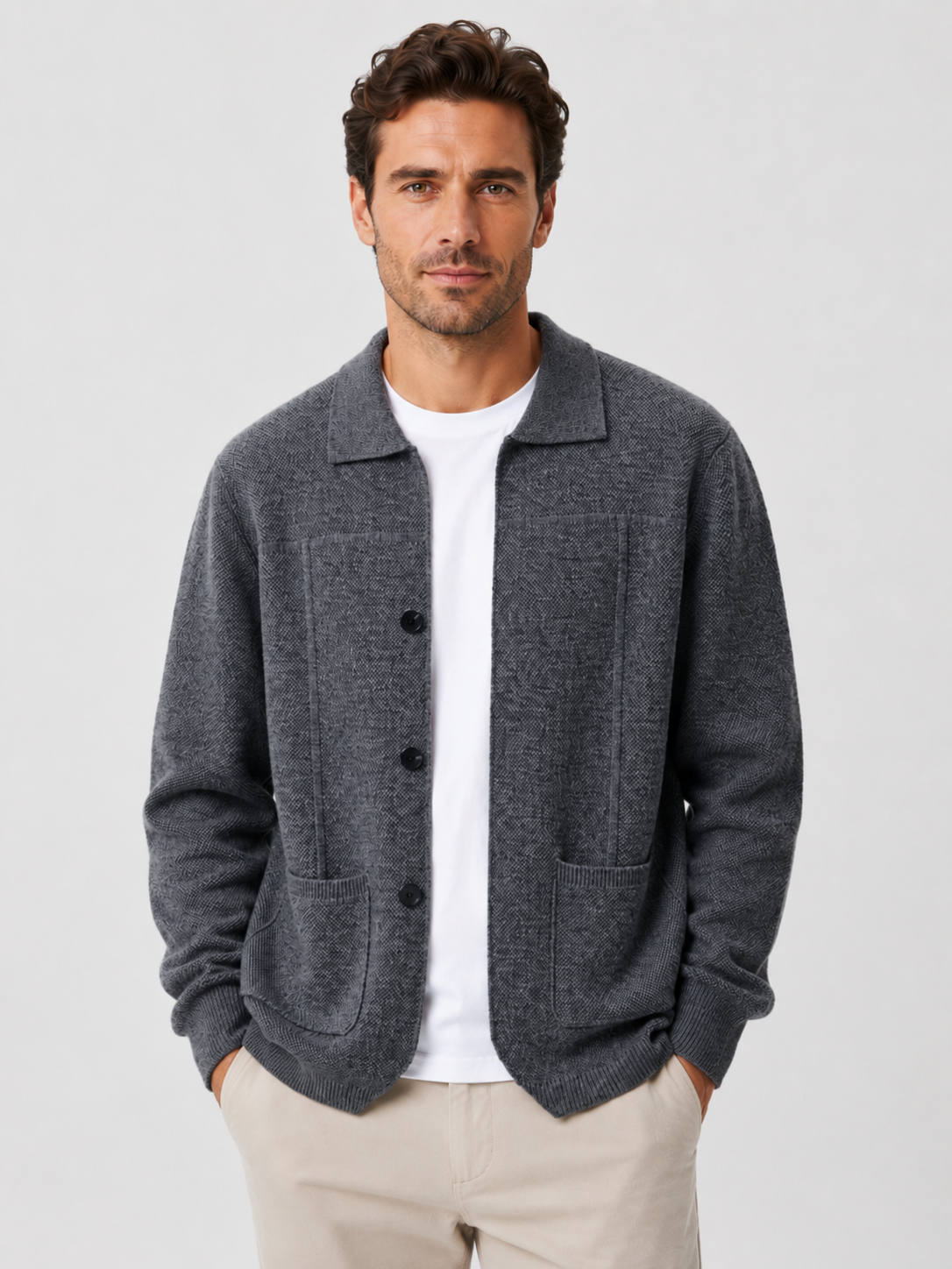 Men’s Knit Button Cardigan with Collar and Patch Pockets
