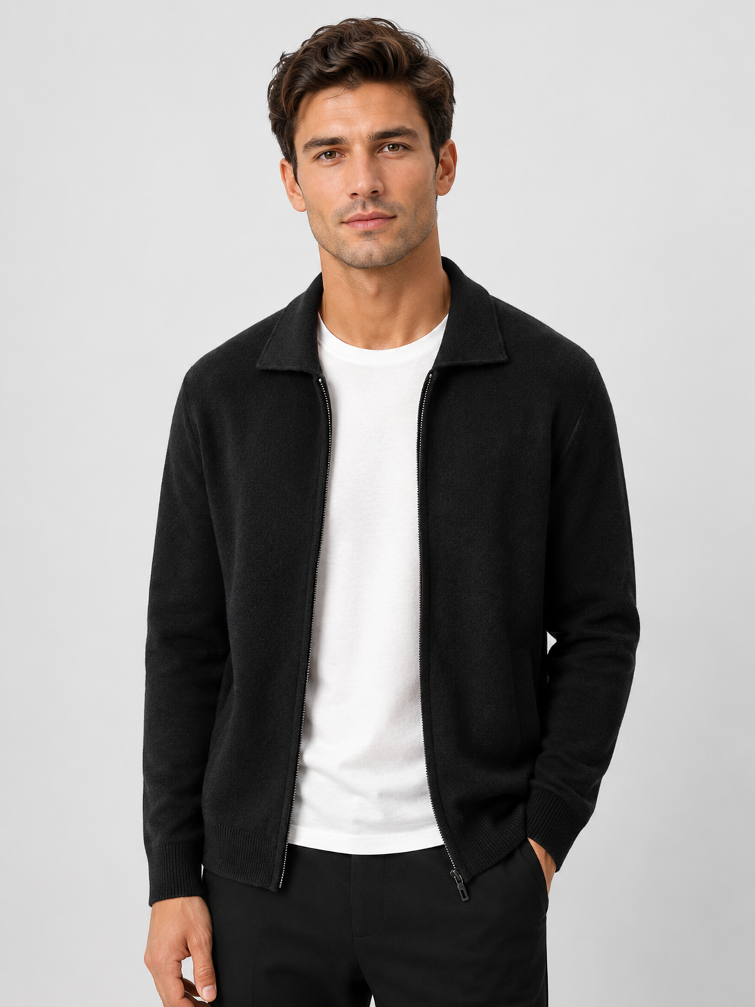 Men’s Knit Cardigan with Zip Front and Polo Collar