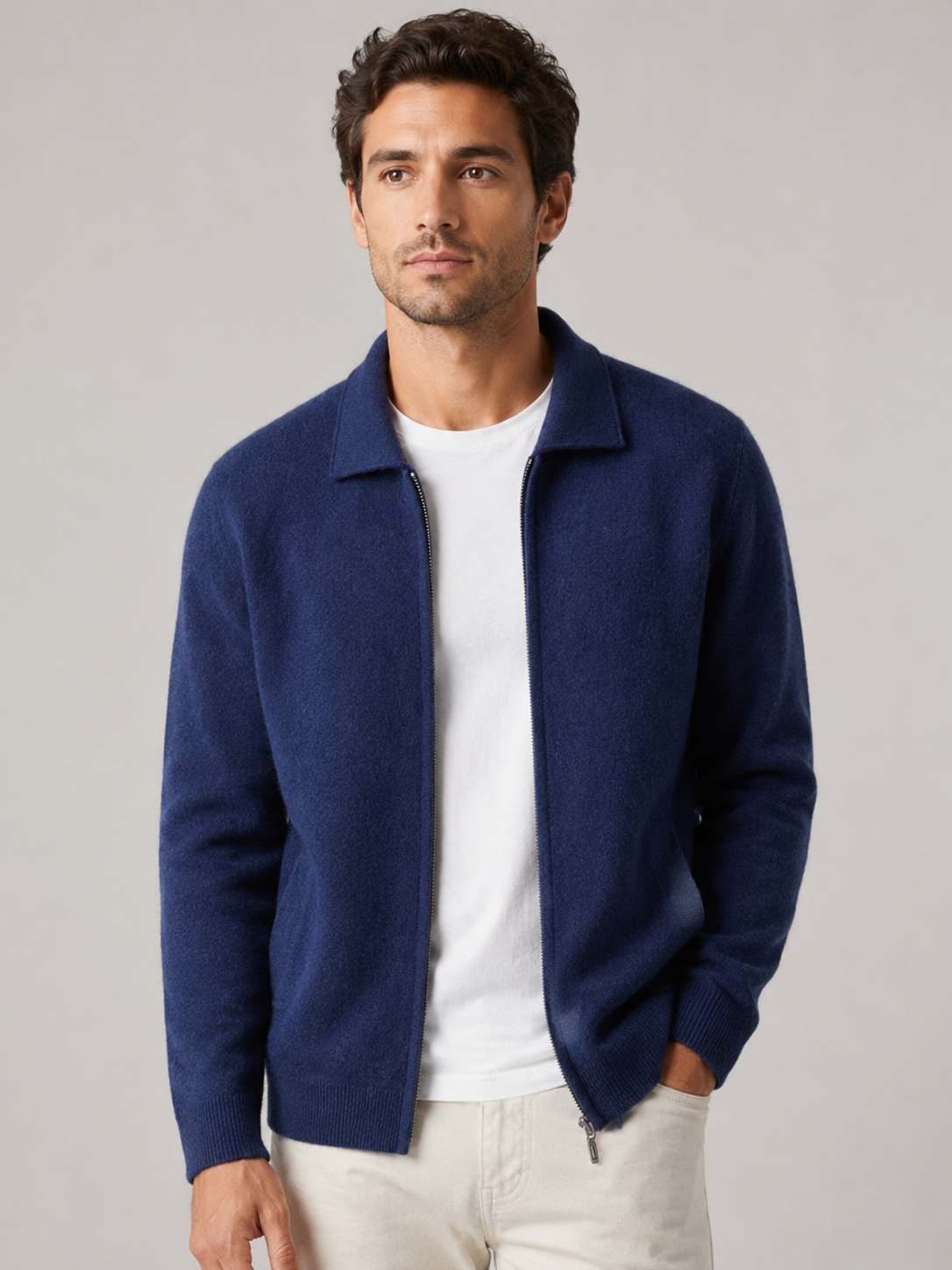 Men’s Knit Cardigan with Zip Front and Polo Collar