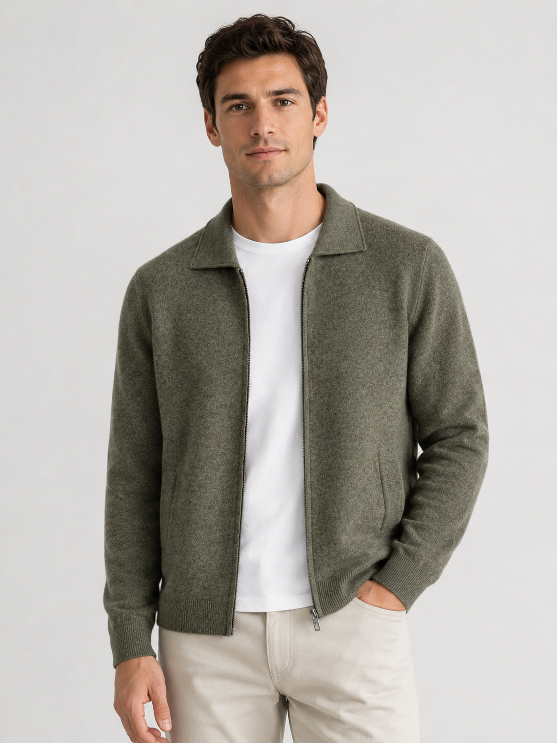 Men’s Knit Cardigan with Zip Front and Polo Collar
