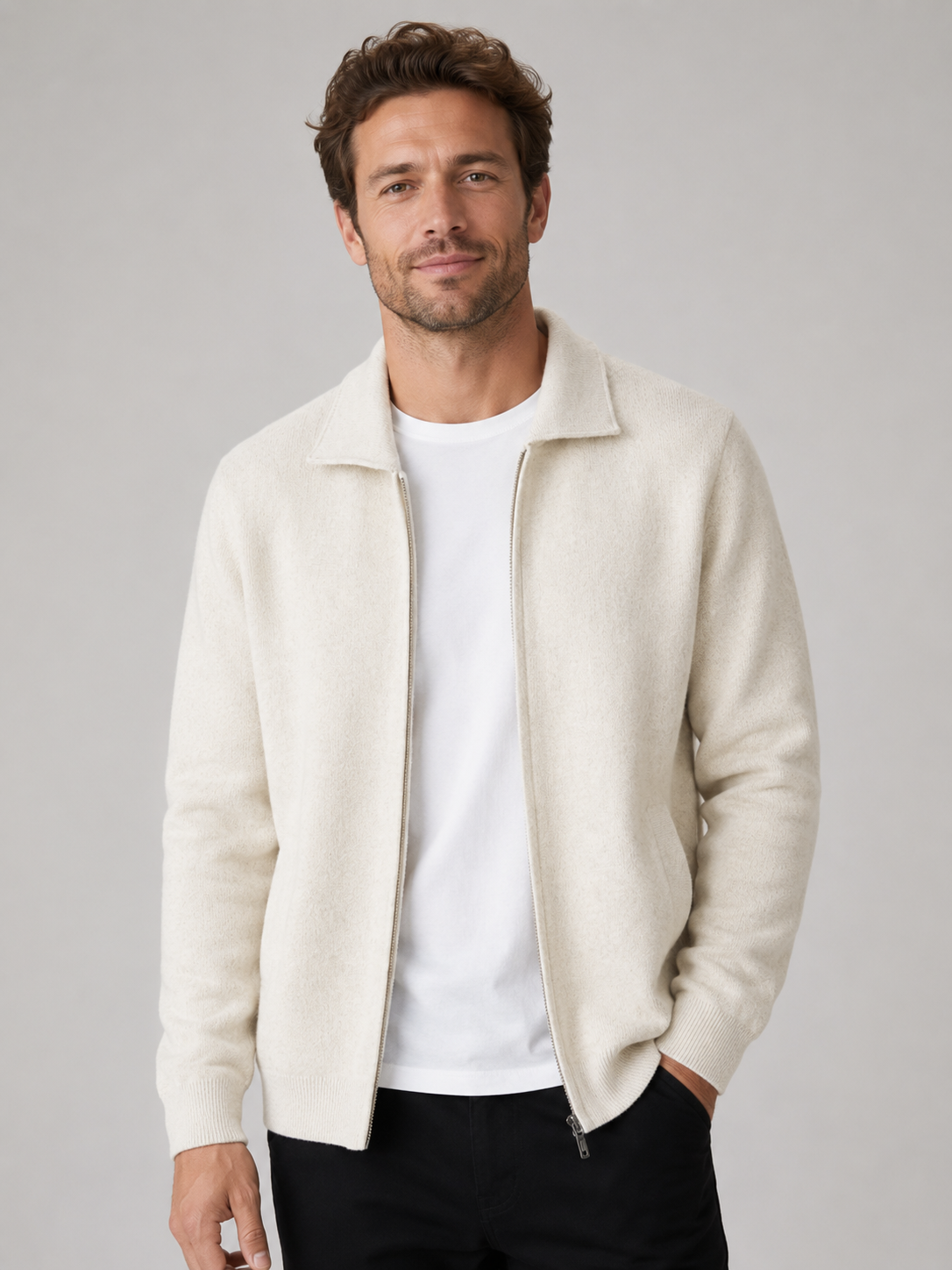 Men’s Knit Cardigan with Zip Front and Polo Collar
