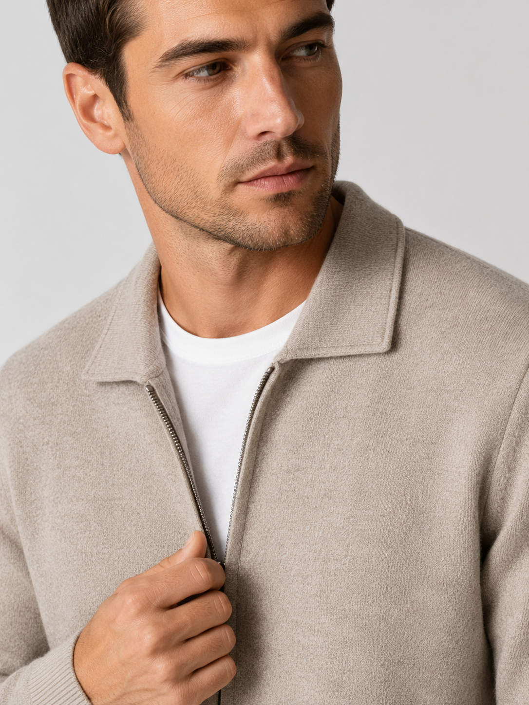 Men’s Knit Cardigan with Zip Front and Polo Collar