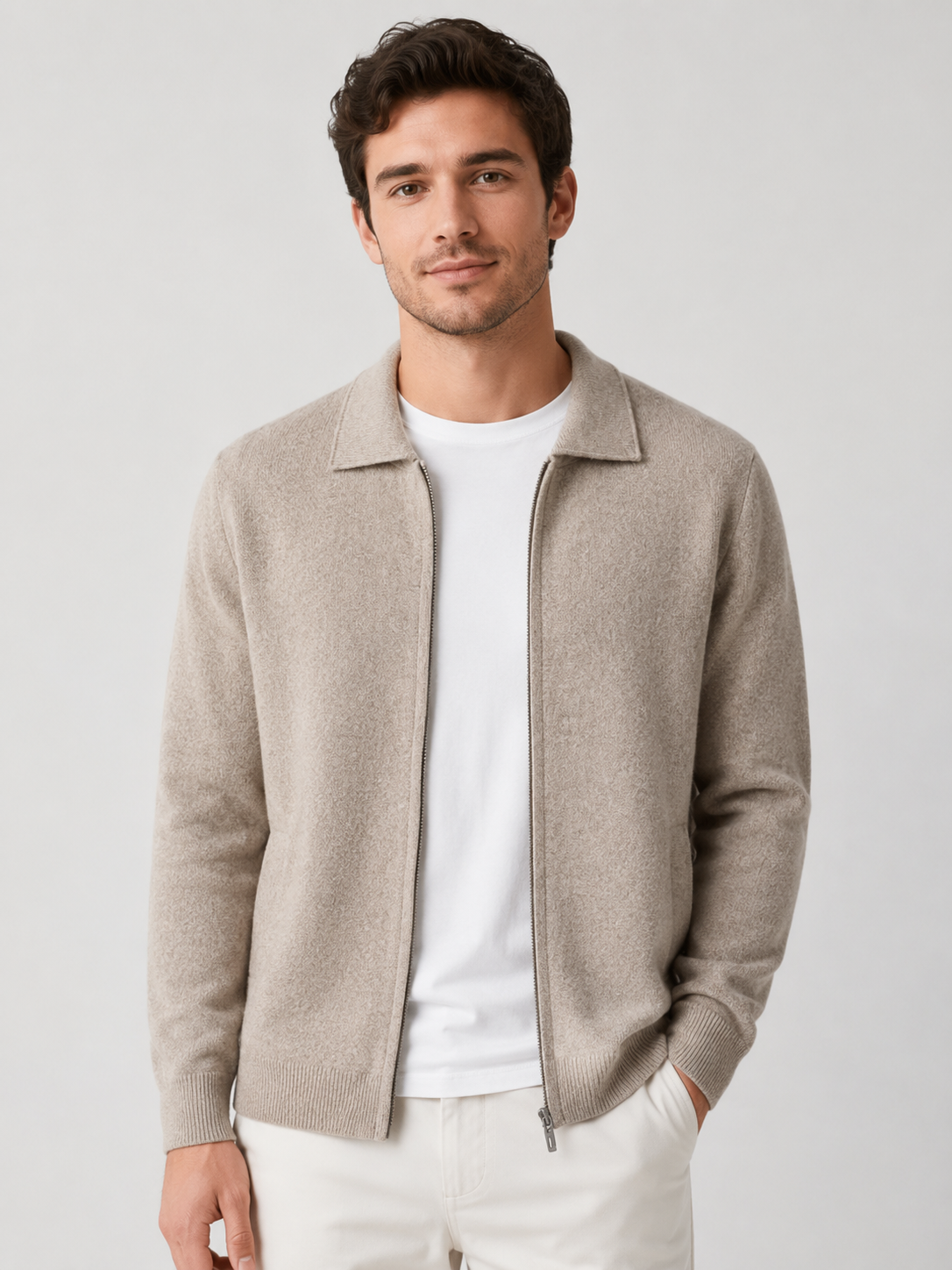 Men’s Knit Cardigan with Zip Front and Polo Collar