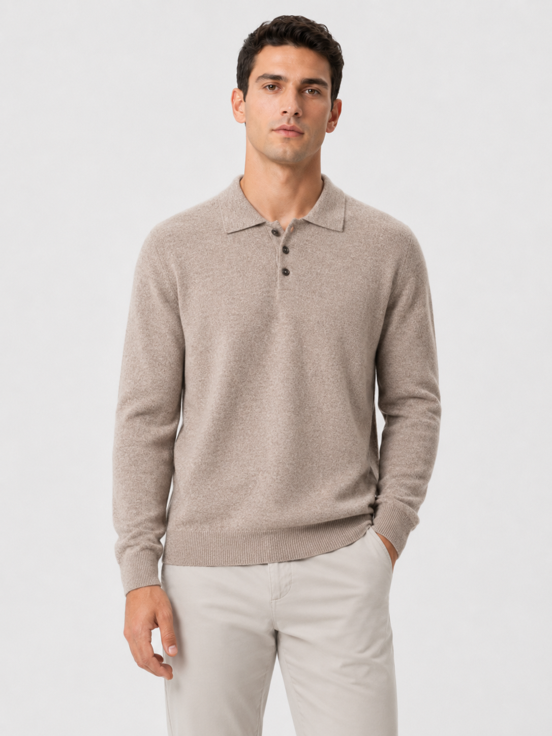 Men’s Long Sleeve Polo Knit Sweater with Three-Button Collar